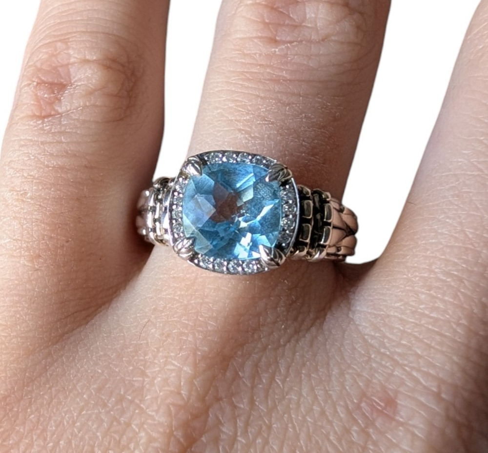 Jai John Hardy 925 Sterling Silver Cushion Sky Blue Topaz and Diamond Ring 6.75